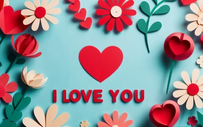 A heart surrounded by paper flowers and hearts that say i love you on a blue background with the words i love you written in the center, love, a stock photo, romanticism