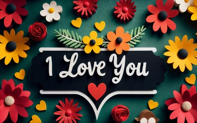 A sign that says i love you surrounded by flowers and hearts on a green background with a border of paper flowers and hearts on the bottom, love, a cross stitch, art & language