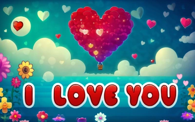 A heart shaped balloon flying over a field of flowers and hearts that say i love you on a blue background with clouds and flowers in the shape of a, love, a screenshot, lyco art