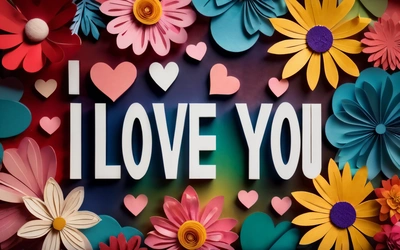 A colorful paper cut out of flowers with the words i love you on it and hearts and flowers on the bottom of the card board, love, a poster, international typographic style