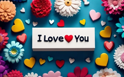 A card with the words i love you surrounded by paper flowers and hearts on a blue background with a white box with a red heart, love, a picture, romanticism