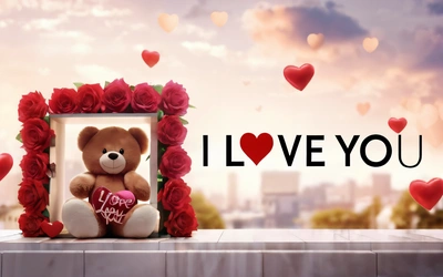 A teddy bear sitting in front of a picture frame with a heart on it and the words i love you in the background with hearts, love, a 3d render, romanticism