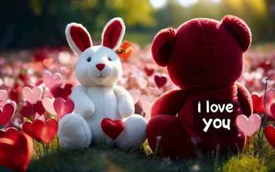 Two stuffed animals sitting in a field of hearts with a message i love you written on the back of the stuffed animal and the stuffed animal, love, a stock photo, romanticism