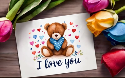 A card with a teddy bear on it and a bouquet of flowers in the background with a card saying i love you on it and a card with a teddy bear, love, a child's drawing, romanticism