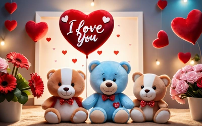 A couple of teddy bears sitting next to each other on a table with a heart balloon in the background and a vase with flowers in the foreground, love, a stock photo, romanticism