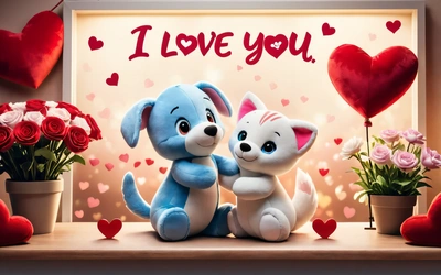 A couple of stuffed animals sitting next to each other on a table with flowers and hearts in the background and a window with a picture of a dog and cat, love, a digital rendering, naive art