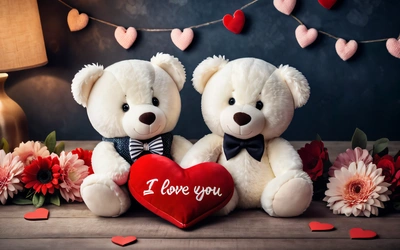 Two teddy bears sitting next to each other with a heart shaped pillow in front of them and a string of hearts hanging from the string, love, a stock photo, romanticism