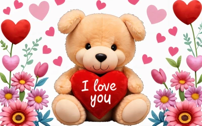 A teddy bear holding a heart with a message i love you on it in front of flowers and hearts on a white background with a border, u, a digital rendering, romanticism