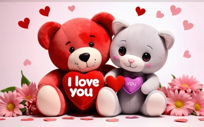 Two teddy bears sitting next to each other with hearts on them and a pink background with pink flowers and hearts on it, with a pink background with pink and white, love, a picture, romanticism