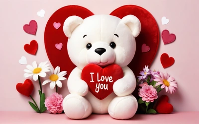 A white teddy bear holding a heart with a message i love you on it and flowers around it on a pink background with hearts and daisies, love, a picture, romanticism