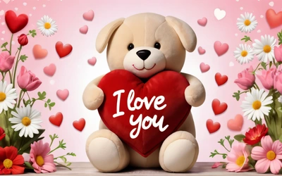 A teddy bear holding a heart with the words i love you on it in front of flowers and hearts on a pink background with a border, love, a digital rendering, romanticism