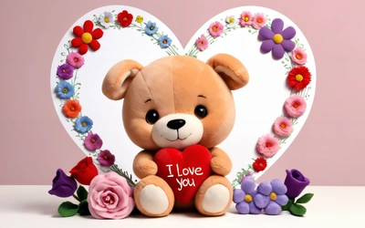 A teddy bear holding a heart with flowers around it and a paper cutout of a bear holding a heart with flowers around it, on a pink background, love, a picture, lyco art