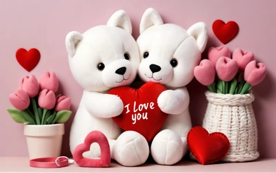 Two white teddy bears holding a heart with flowers and a vase of tulips in the background with a pink wall behind them and a pink wall, love, a digital rendering, romanticism