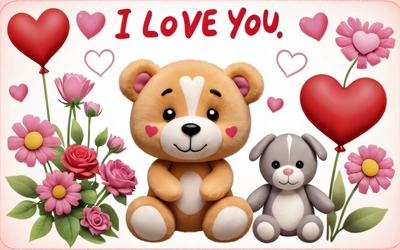 A teddy bear and a stuffed animal sitting next to each other with hearts and flowers around them on a pink background with a i love you message, love, a digital rendering, naive art