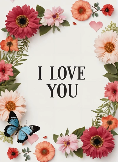 A white card with a butterfly and flowers around it that says i love you on the front of the card is a white background with a black lettering, love, a poster, romanticism