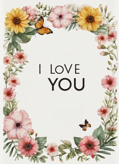 A card with a picture of flowers and butterflies in the middle of it that says i love you on the front of the card is a white background with a butterfly and a, love, a poster, romanticism