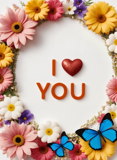 A heart shaped frame with flowers and butterflies around it with the words i love you written in the center of the frame and a heart, love, a picture, lyco art