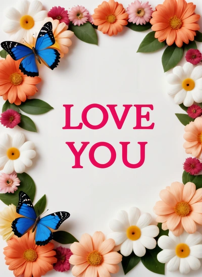 A picture of a heart shaped frame with flowers and butterflies around it that says love you on a white background with a red lettering that says, love, a poster, lyco art