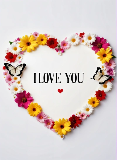 A heart shaped frame with flowers and butterflies around it that says i love you on a white background with a pink border around the edges, love, a picture, lyco art