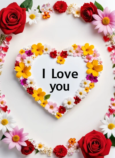 A heart shaped cake with flowers around it and a message i love you on the top of it that says i love you on the bottom, love, a cross stitch, romanticism