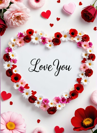 A heart shaped frame with flowers and hearts around it that says love you on a white background with red and pink flowers and hearts around it, love, a poster, lyco art