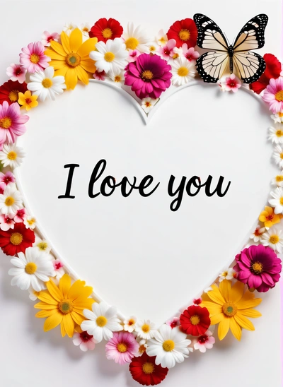 A heart shaped frame with flowers and butterflies around it that says i love you on a white background with a pink border and a butterfly, love, a cross stitch, romanticism