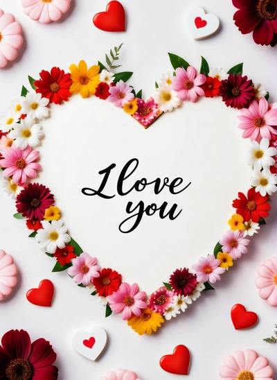 A heart shaped frame with flowers and hearts around it that says i love you on a white background with red, yellow, and pink flowers, love, a picture, lyco art