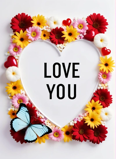 A heart shaped frame with flowers and a butterfly in the center of it with the words love you written on it in the center of the heart, love, a poster, lyco art