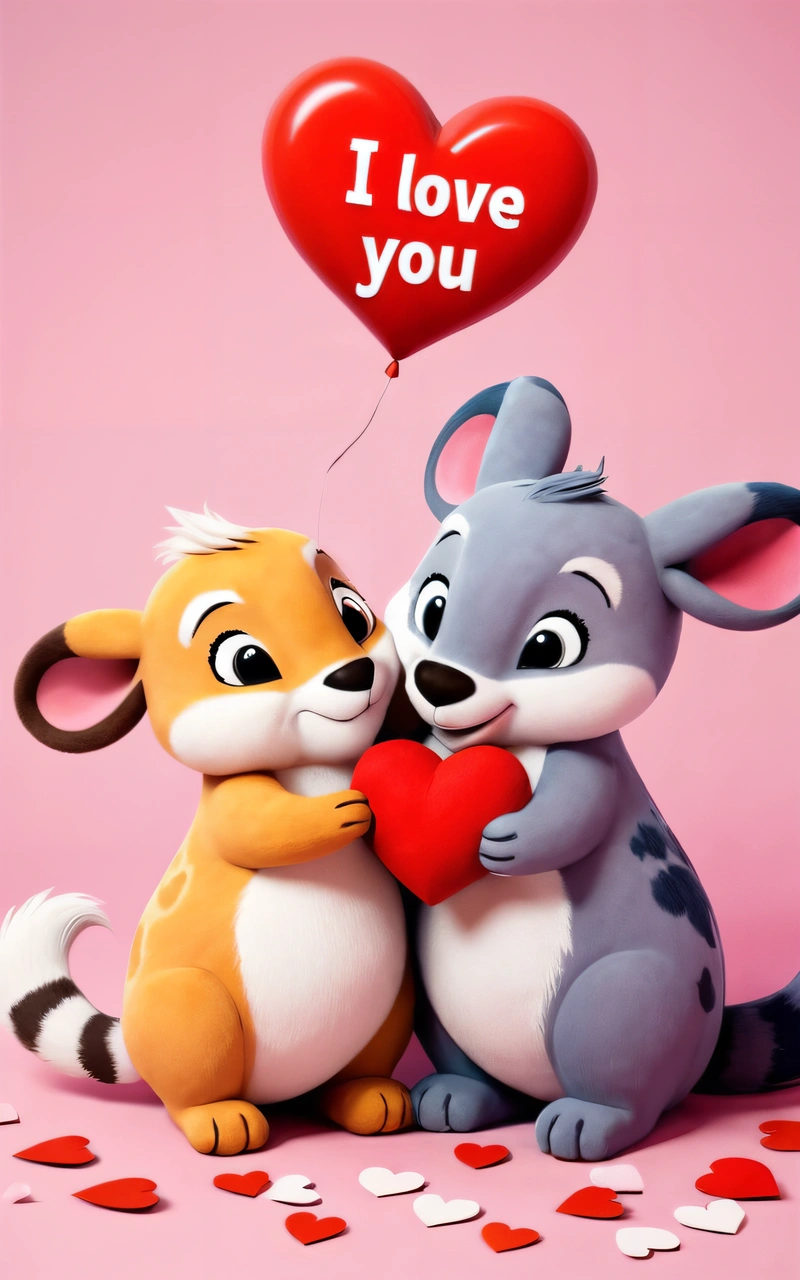 A couple of animals that are holding a heart shaped balloon with the words i love you on it and a heart shaped balloon with the word i love you, poster, a poster, furry art