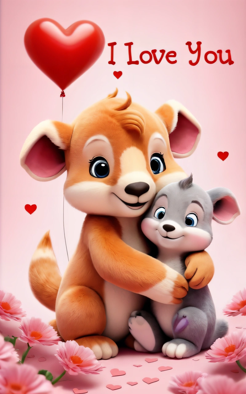 A couple of animals that are hugging each other on a pink background with a heart balloon in the air above them and a pink background with pink flowers, cute and funny, poster art, lyco art