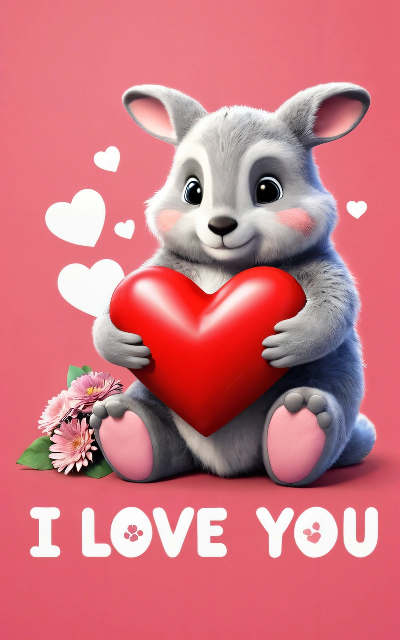 A rabbit holding a heart with the words i love you on it's chest and a pink background with hearts and flowers in the corner, cute and funny, a poster, furry art