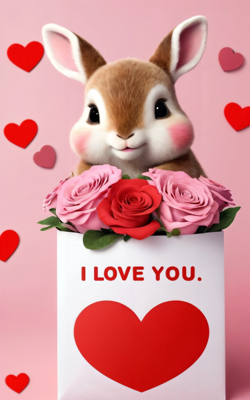 A rabbit sitting in a box with roses and hearts around it, with a message i love you on the front of the box and a pink background, cute and funny, a screenshot, furry art