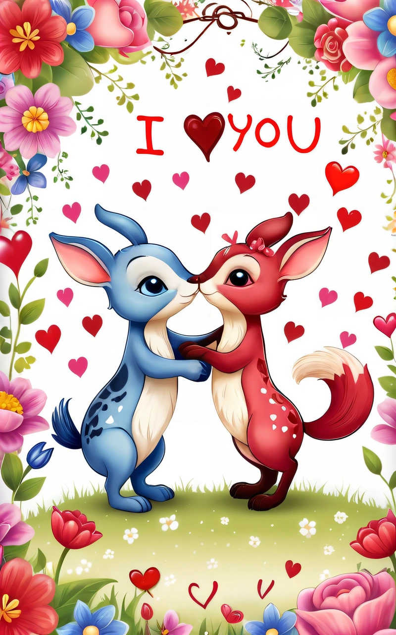 A couple of animals that are in the grass with flowers around them and a heart shaped frame with the words i love you on it, cute and funny, computer graphics, furry art