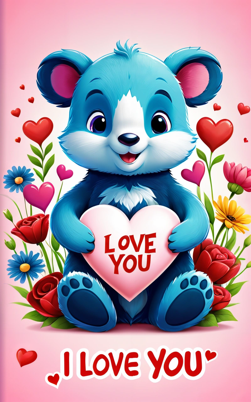 A blue teddy bear holding a heart with the words i love you on it and flowers around it, with a pink background and a pink background, cute and funny, a screenshot, furry art