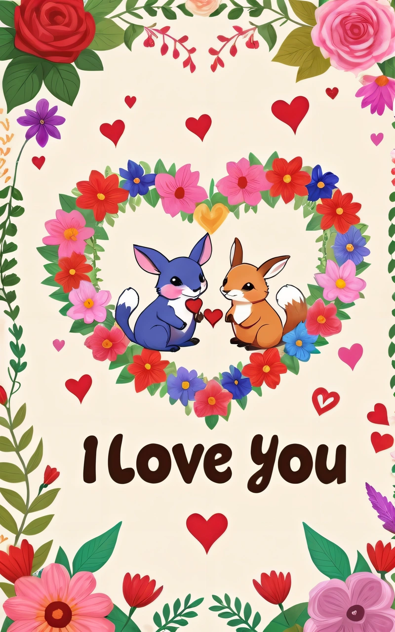 A card with a picture of two animals in a heart surrounded by flowers and hearts with the words i love you written below it in the middle, love, a storybook illustration, furry art