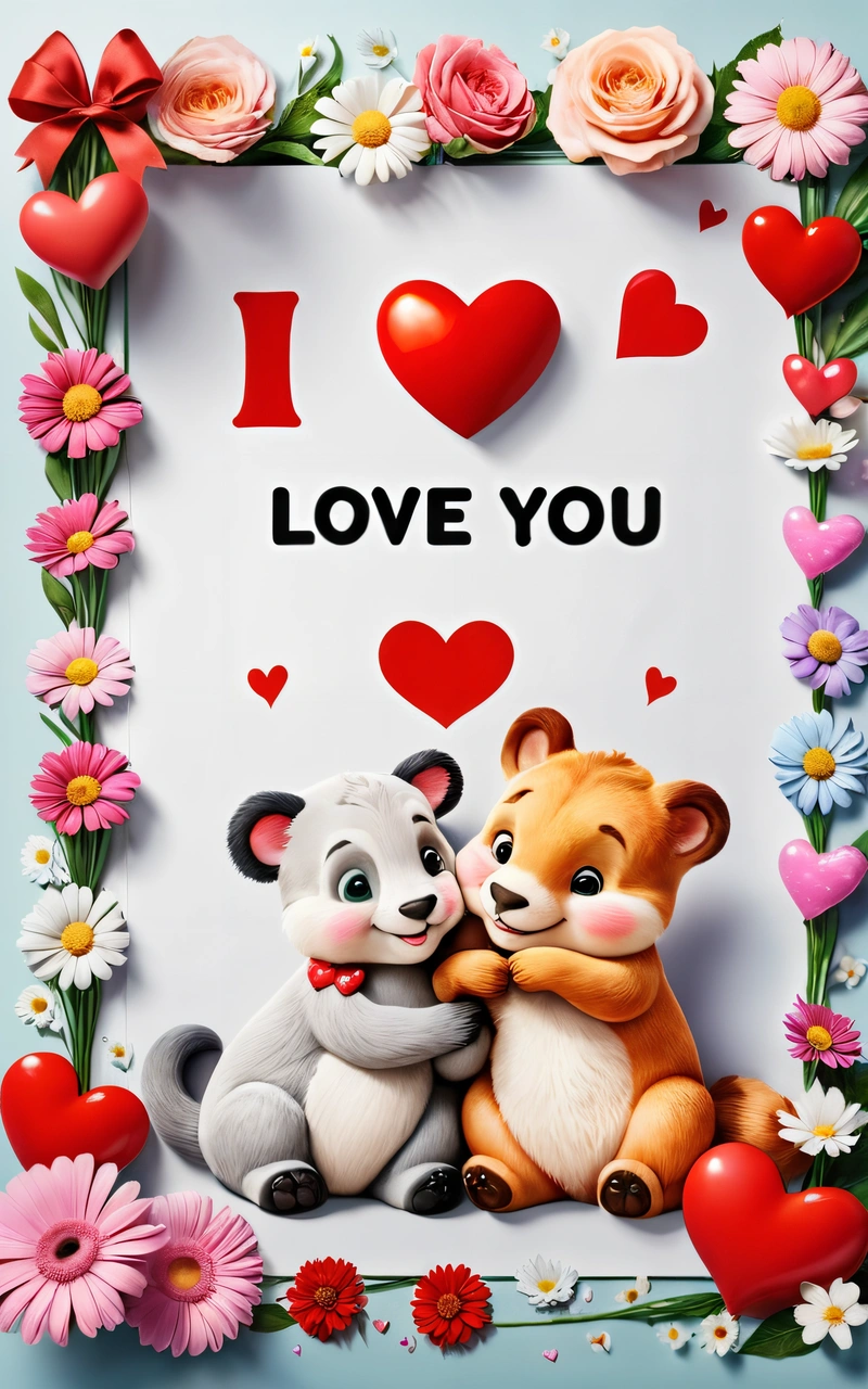 A picture of a couple of animals in a frame with flowers and hearts around it that says i love you on a blue background with a red heart, love, a picture, lyco art