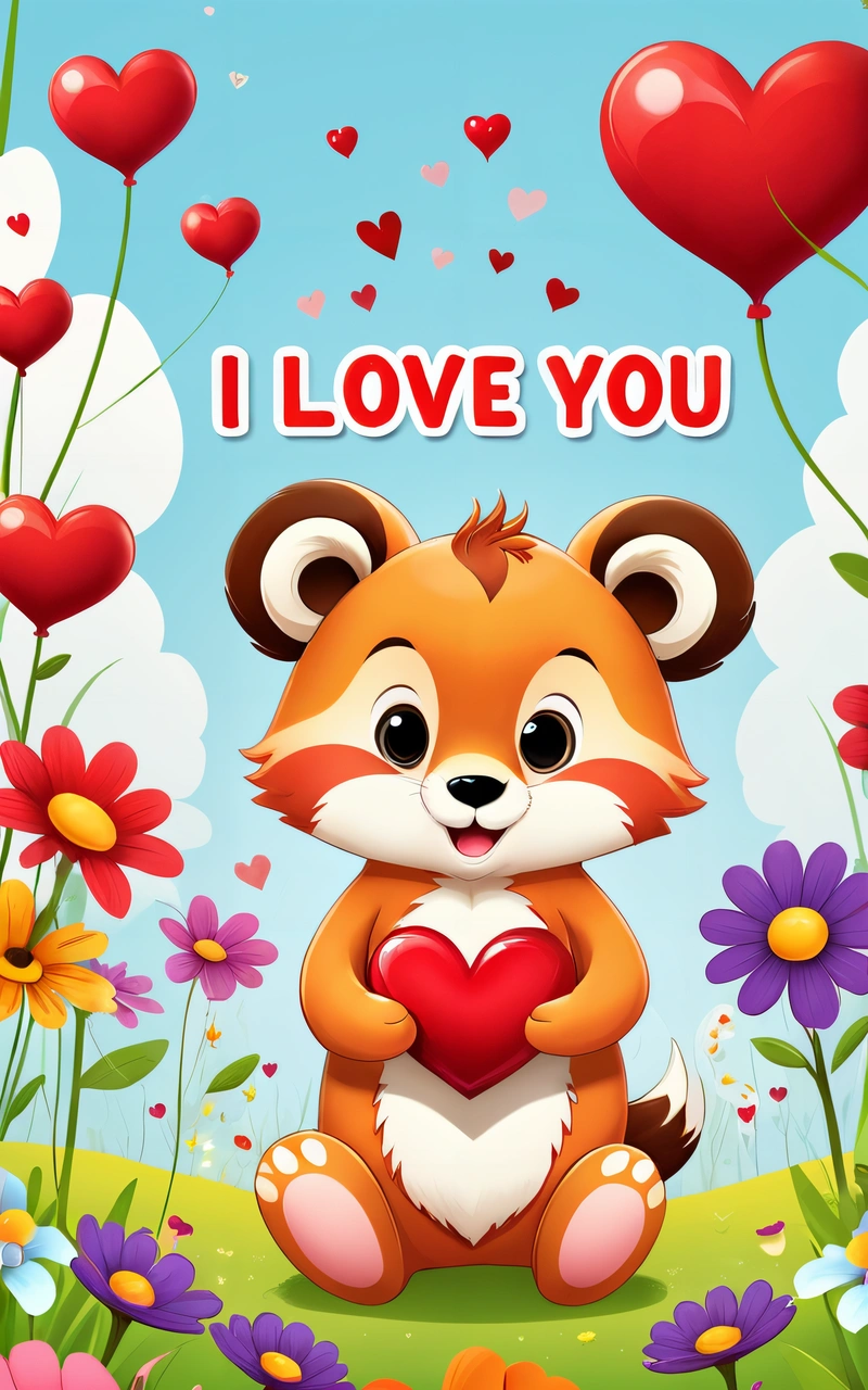 A red panda holding a heart in a field of flowers and hearts with the words i love you on it's side and a blue sky background with clouds and red hearts, cute and funny, a screenshot, furry art