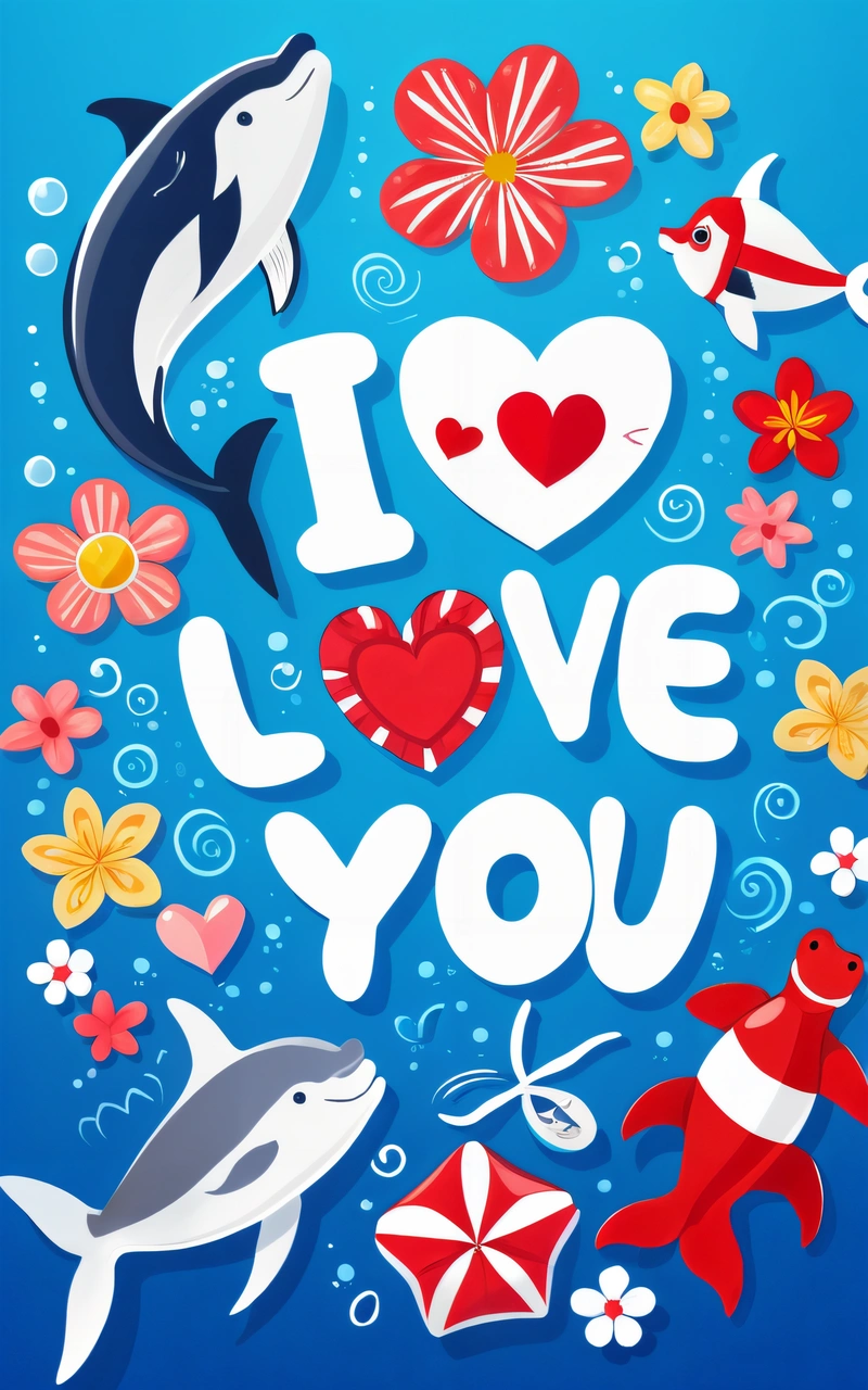 A card with a picture of a dolphin and other animals in the water with the words i love you on it and a heart surrounded by flowers, love, a poster, naive art