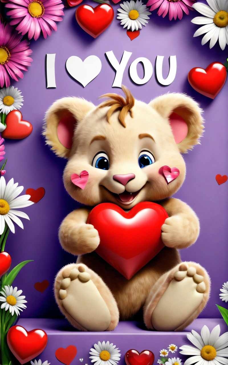 A teddy bear holding a heart surrounded by daisies and daisies with the words you love on it's chest and a purple background with daisies and daisies, love, a screenshot, lyco art