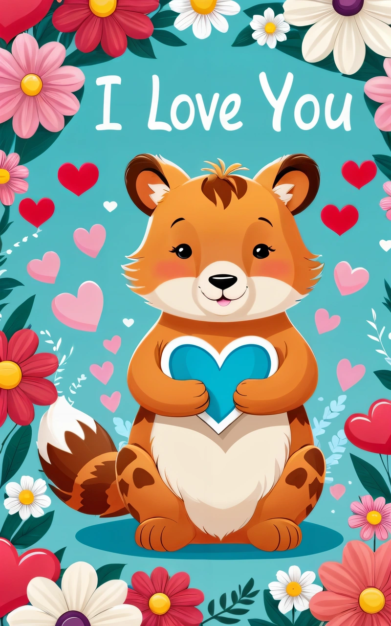 A card with a cute fox holding a heart in its paws and the words i love you on it, surrounded by flowers and hearts, love, a screenshot, furry art