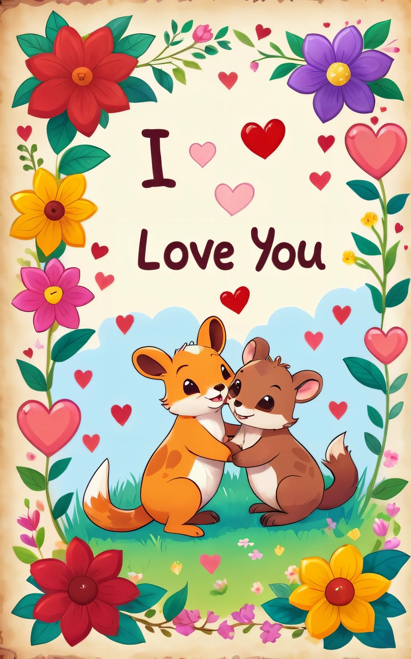 A card with a picture of a fox and a mouse hugging each other with a floral border around the edges of the card and the card, love, a storybook illustration, furry art