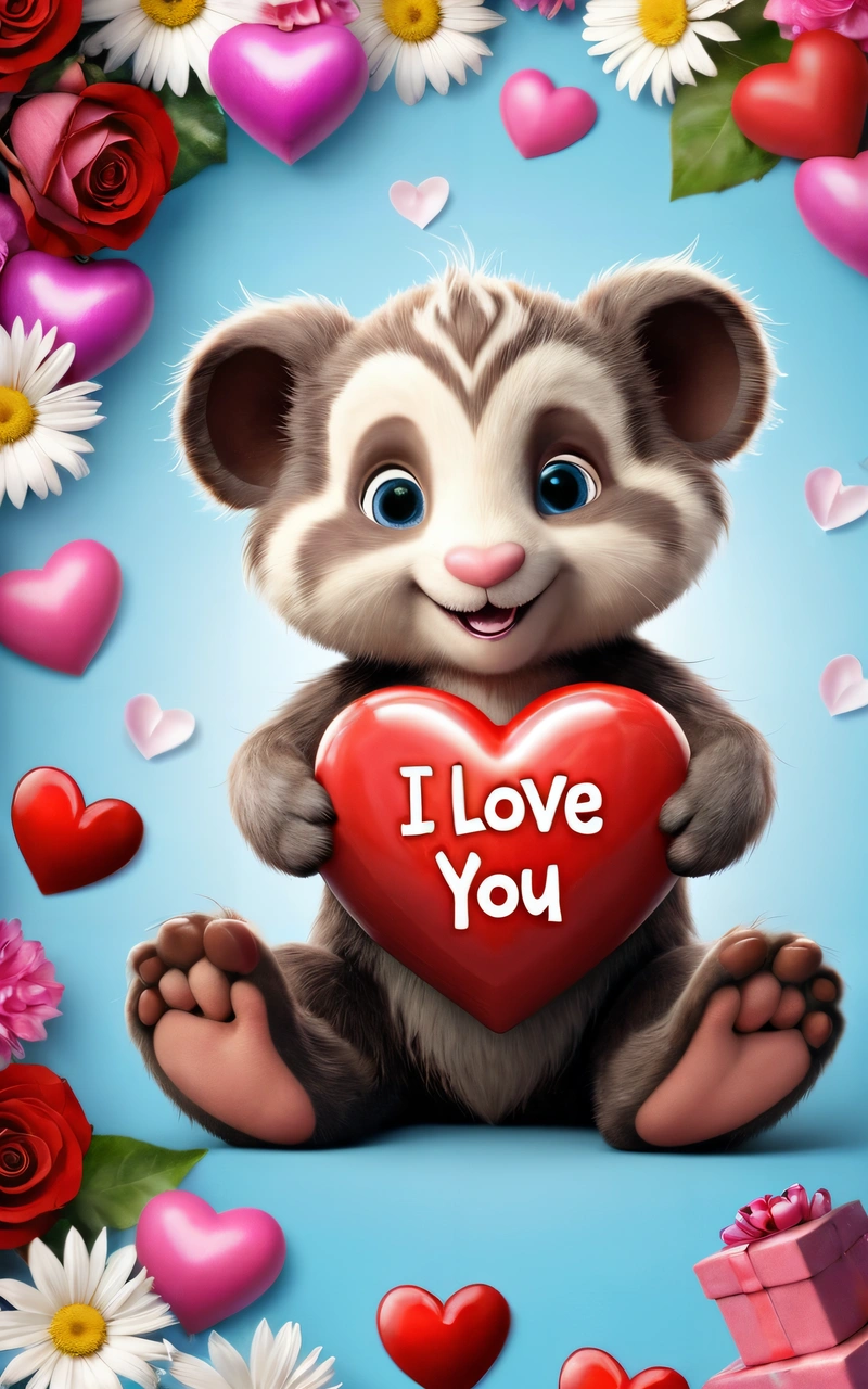 A cute little racoon holding a heart with the words i love you on it and flowers surrounding it in the background with hearts, cute and funny, a screenshot, furry art