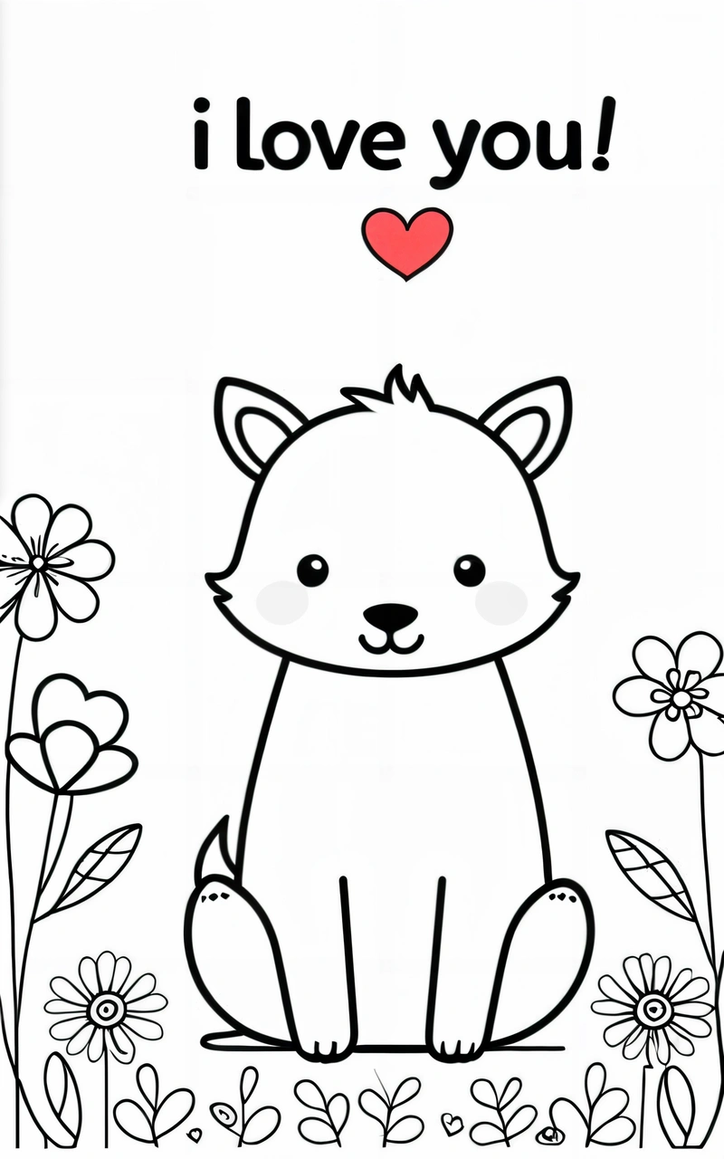 A coloring page with a fox and flowers on it, and the words i love you written in black ink on a white background with a red heart, cute and funny, a screenshot, furry art