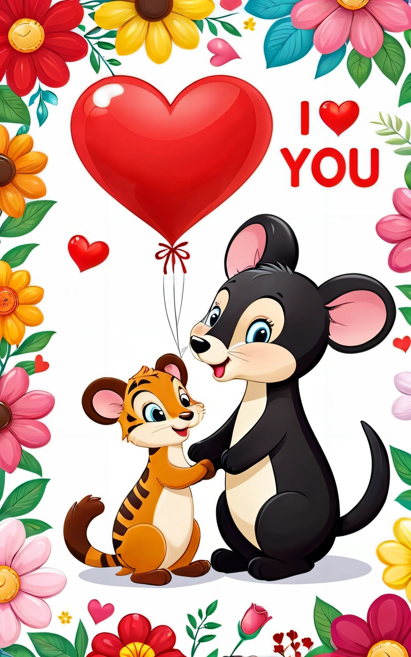 A cartoon mouse and a tiger holding a heart balloon with a heart shaped balloon in the background with flowers and hearts around it, with a, love, a poster, romanticism