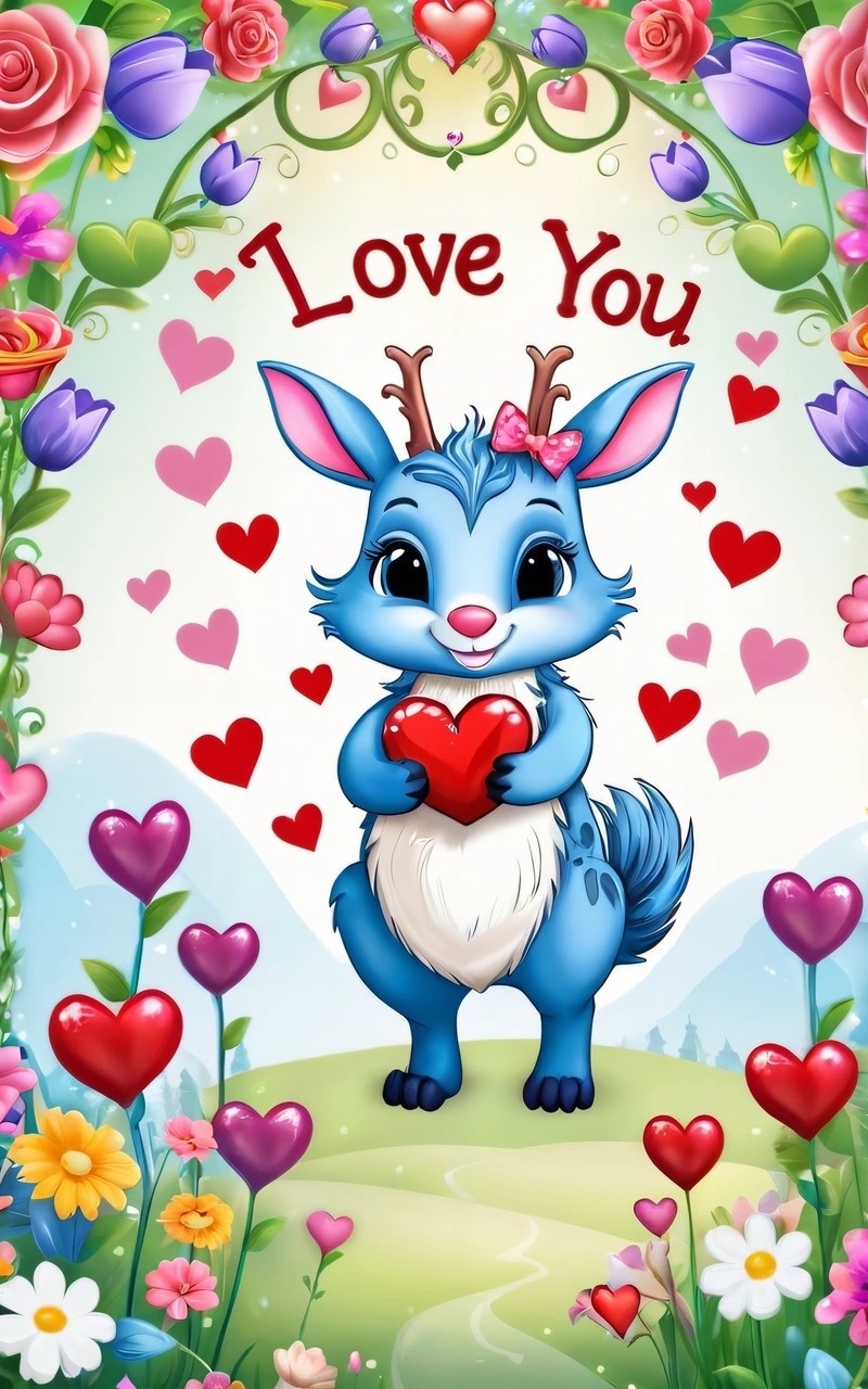 A valentine card with a cute blue deer holding a heart in the middle of a field of flowers and hearts with the words i love you, loony toons style, a storybook illustration, furry art