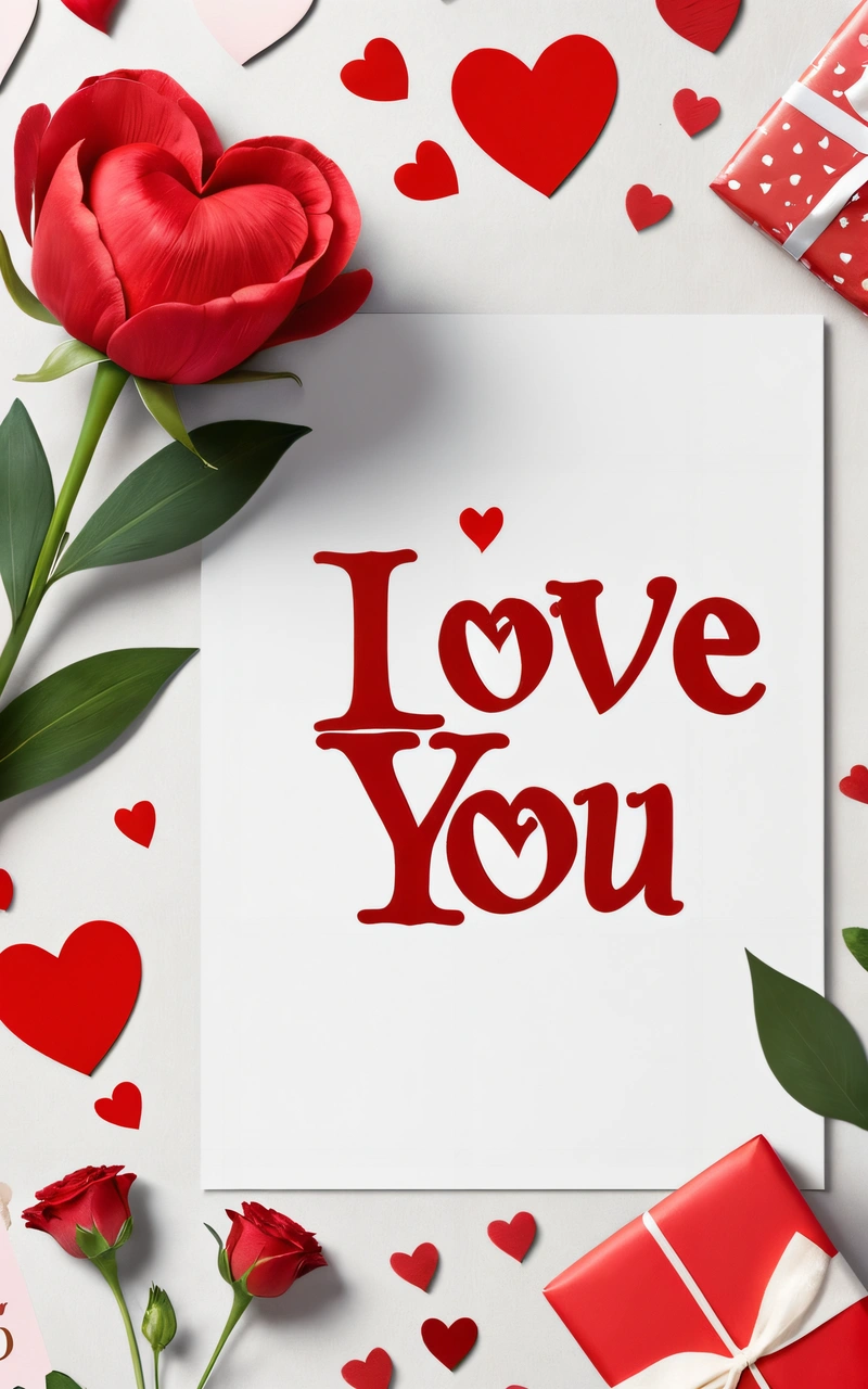 A card with the words love you surrounded by hearts and flowers and a gift box with a bow on it and a red rose on the side, love, a digital rendering, romanticism