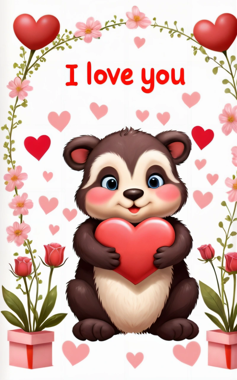A valentine card with a cute raccoon holding a heart in front of a frame of hearts and flowers with the words i love you, love, a digital rendering, furry art