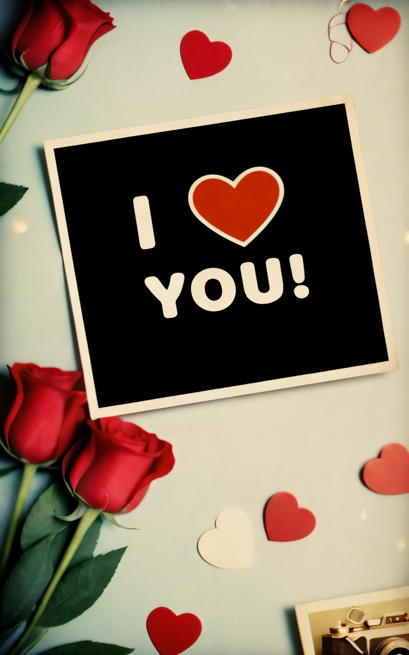 A picture of a picture of a heart and some roses on a table with hearts around it and a picture of a couple of red roses, love, a picture, romanticism