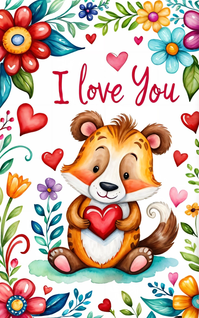 A card with a cute bear holding a heart in it's paws and the words i love you on it's front corner, cute and funny, a storybook illustration, naive art