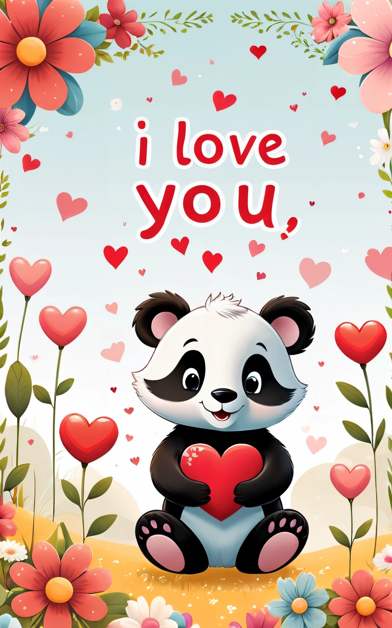 A panda bear holding a heart in its paws with the words i love you on it's side and flowers surrounding it in the background, love, a screenshot, romanticism